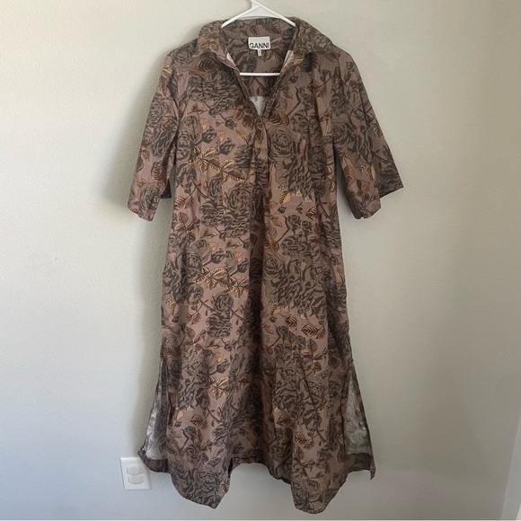 Ganni Printed Cotton Oversized Poplin Maxi Dress Fossil Brown Women's Size 34 - Picture 3 of 16